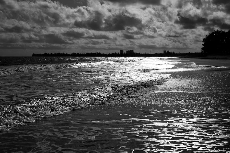 Waves crashing on a beach in black and white